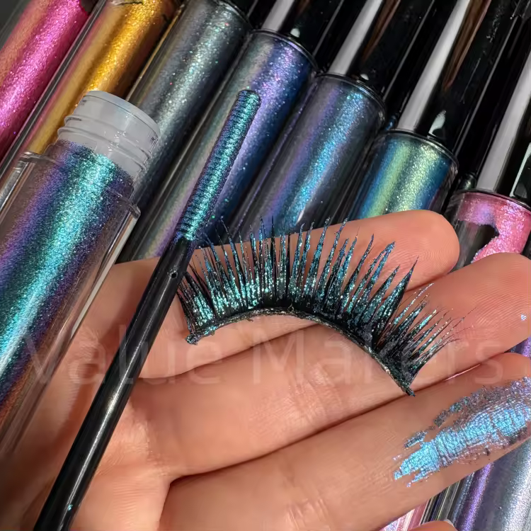 Wholesale Waterproof Mascara Private Label Quick Dry Duochrome Makeup Lash Smudge Proof Sparkle Chrome Glitter Mascara Your Logo