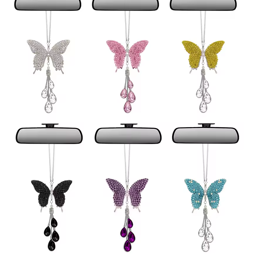 TK Hot Selling Luxury Crystal Metal Butterfly Pendant Diamond Inlay Car Rearview Mirror Car Interior Accessory Decoration