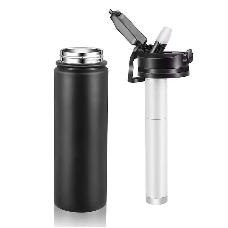 Custom Logo Portable Stainless Steel Water Filter Bottle Insulated Vacuum Flask Outdoor Camping Hiking Purifier Cup with Straw