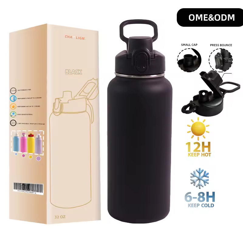 Portable Black Insulated Eco-Friendly 32oz Double Wall Steel Vacuum Flask Drink Bottle with Quick Open Lid and Carry Handle
