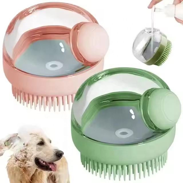 Dog & Cat Bath Brush with Shampoo and Soap Dispenser Silicone Grooming Shower Brush for Puppy Massage Bathroom Use