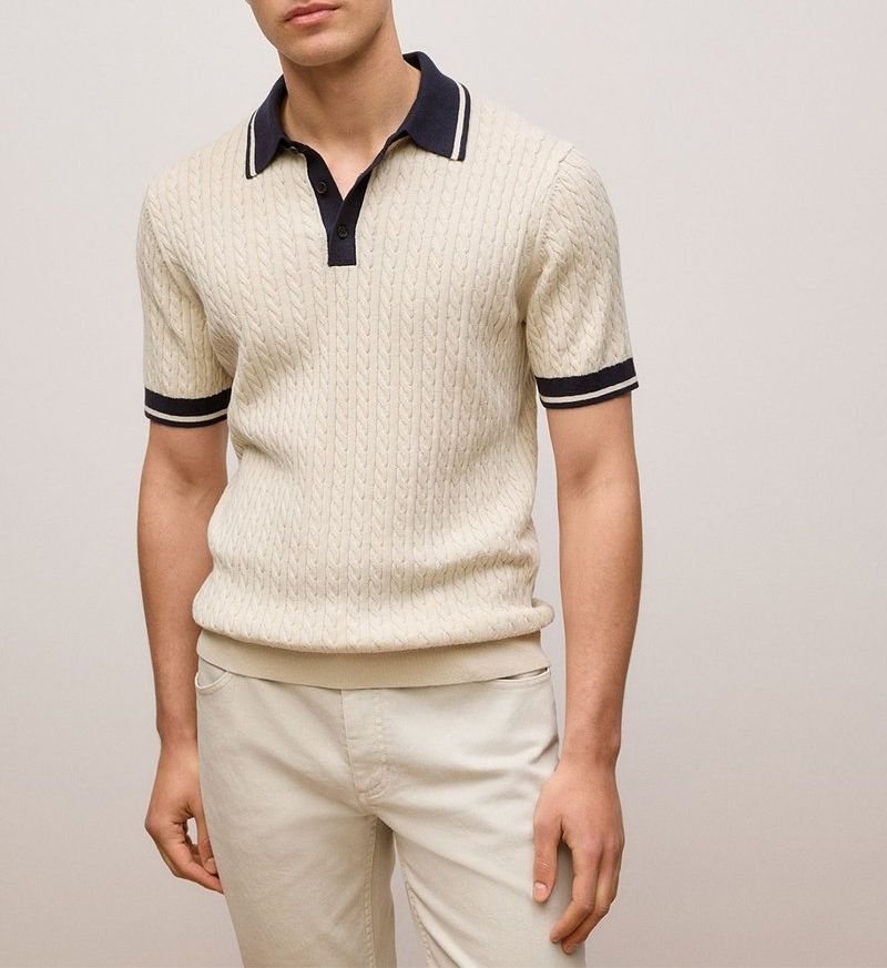 Men's Cable Textured Short Sleeve Knit Polo Shirt