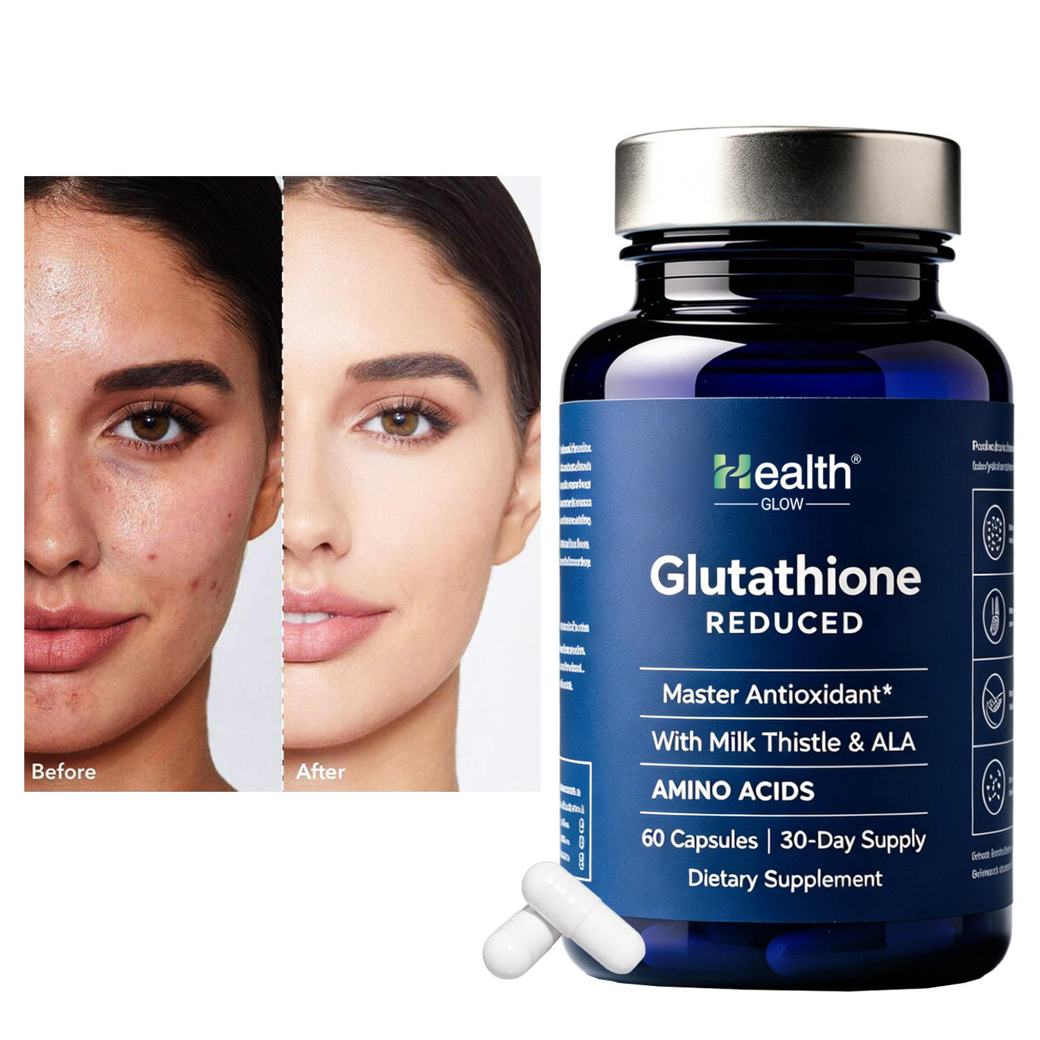 Health Glow Liposomal Glutathione 2000mg with Milk Thistle & Alpha Lipoic Acid Skin Whitening Antioxidant Capsules 60 Ct