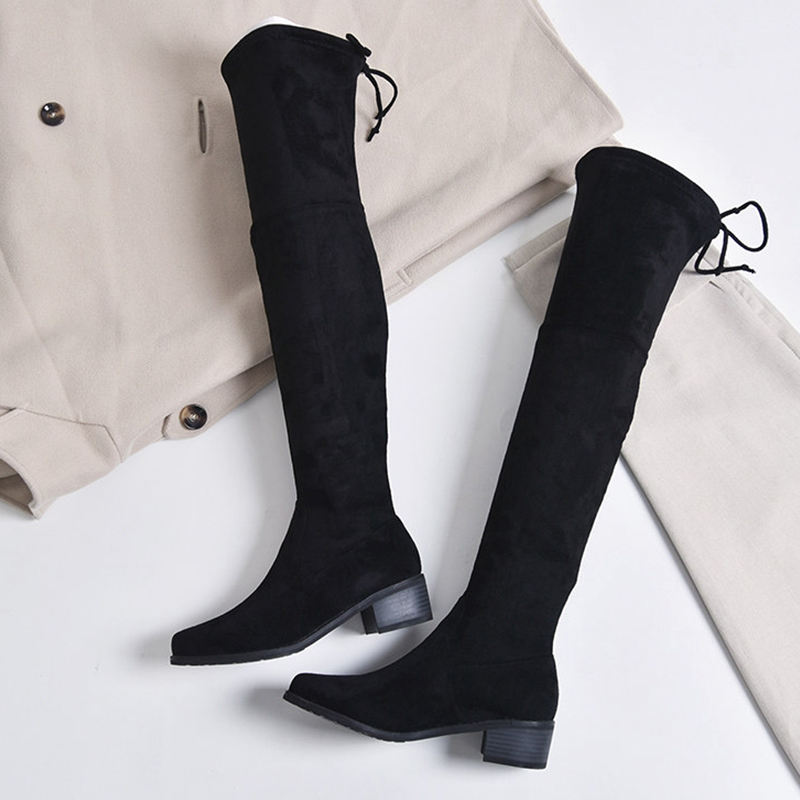 Grecca Women Over-the-Knee Lace-up Stretch Cashmere Chunky Heel Boots
