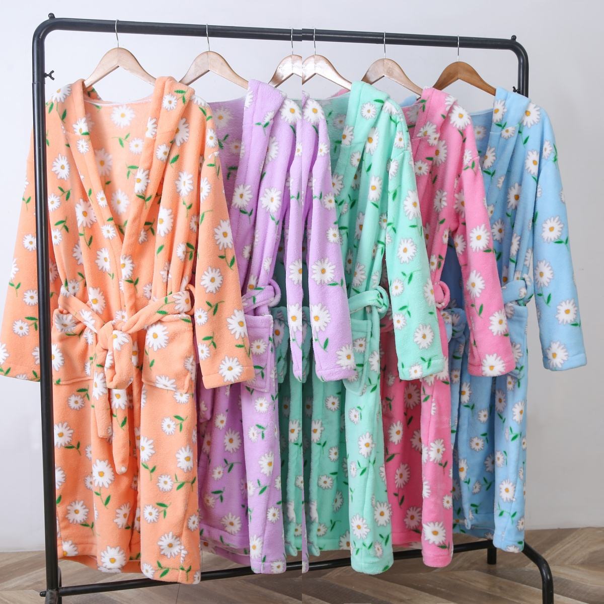 Women Autumn Winter Coral Fleece Hooded Printed Bathrobe Nightgown Home Sleepwear