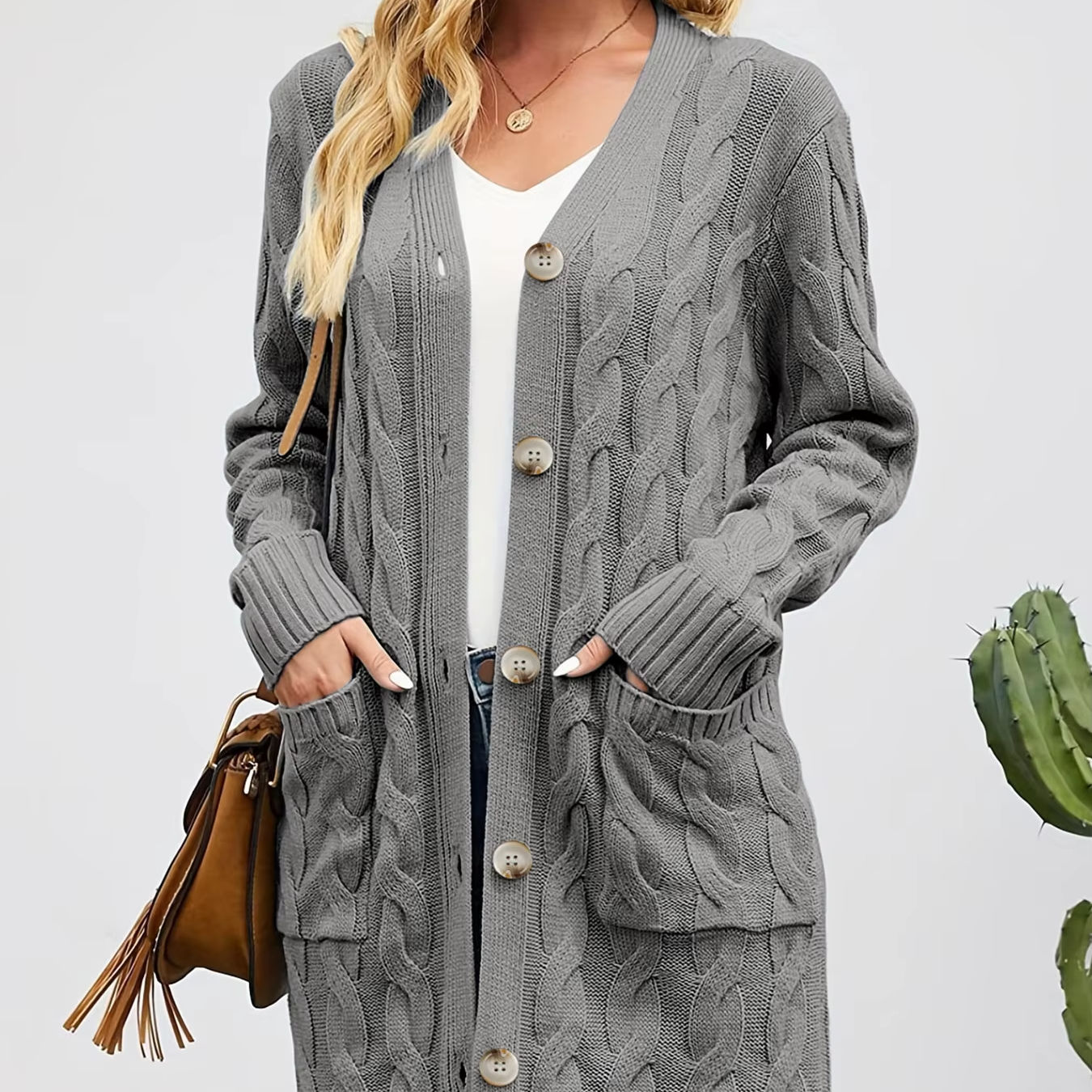 Women Long Cardigan Twist Knitted V-Neck Pocket Sweater Coat