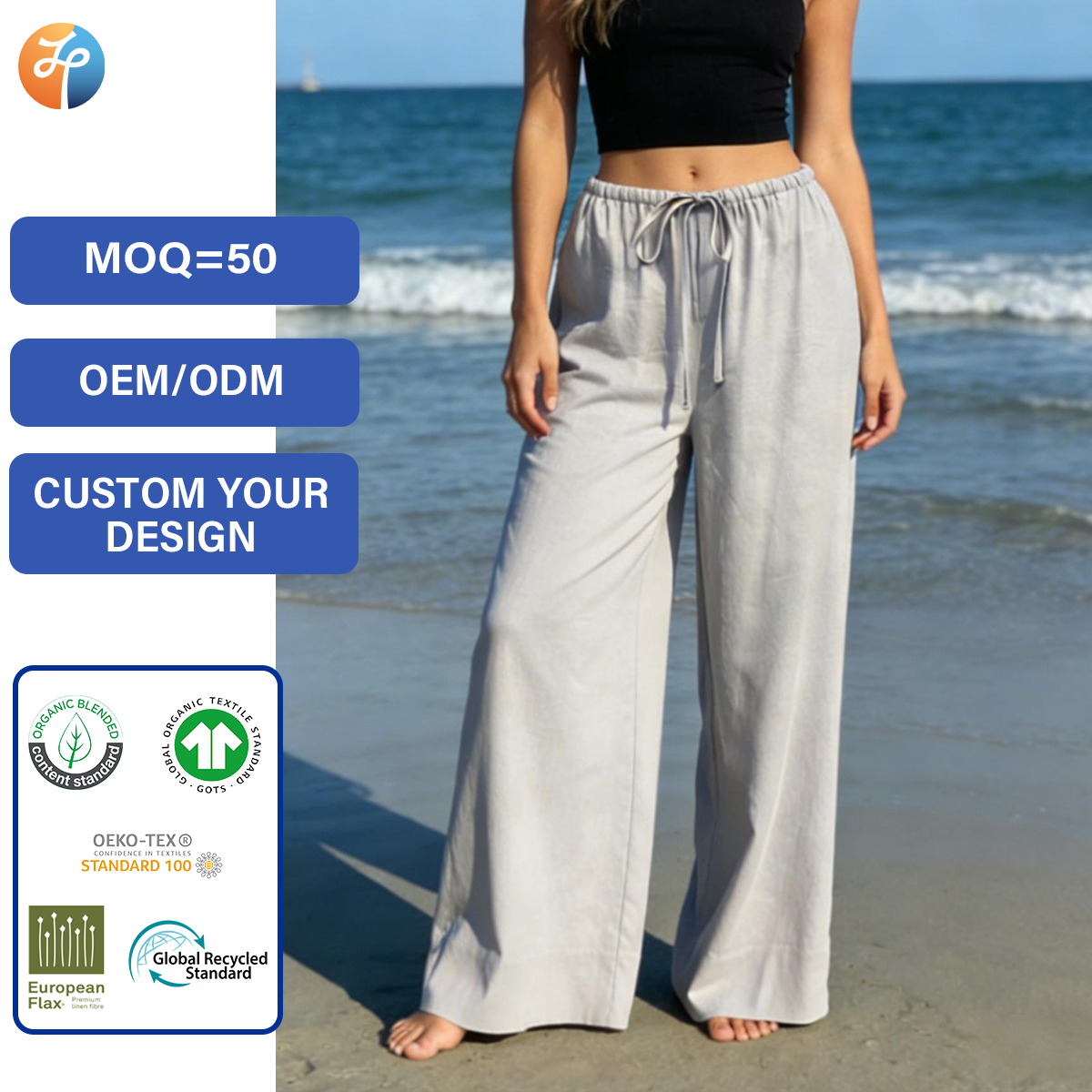 Linen Blend High Waist Drawstring Wide Leg Trousers Women Summer