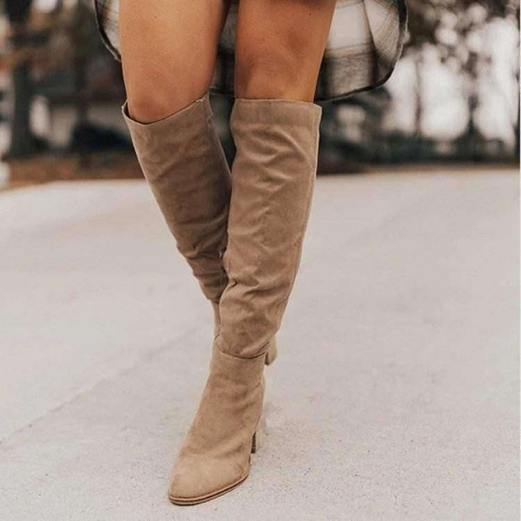 HYG Women Western Round Toe Chunky Heel Knee High Boots PU Patchwork Slip-On Autumn Winter