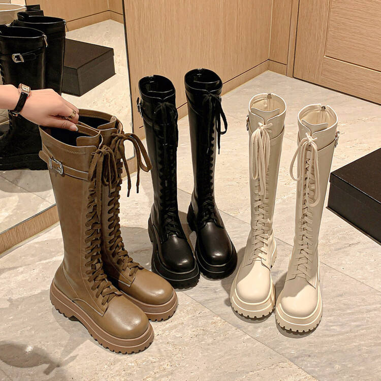 HYG Women Western Lace-Up Round Toe Chunky Heel Knee High Boots PU Patchwork Autumn Winter