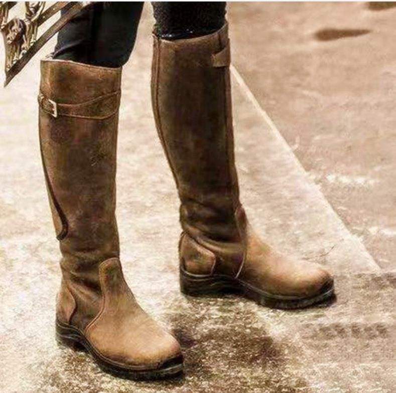 HYG Women Genuine Leather Western Round Toe ZIP Knee High Boots Chunky Heel Autumn Winter