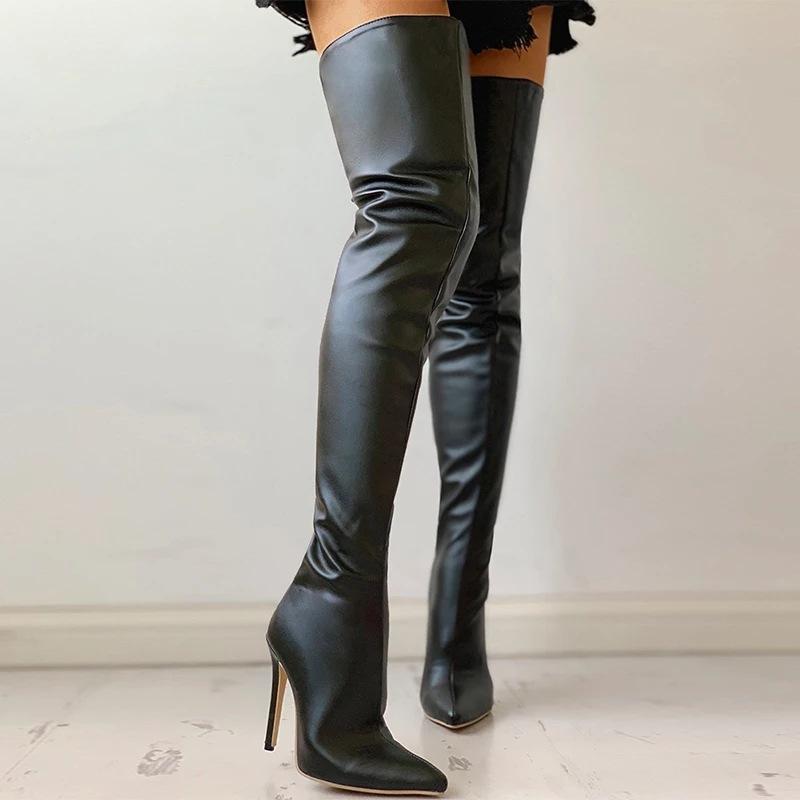 HYG Women Western Pointed Toe Stiletto Heel Over-the-Knee Boots Slip-On Patchwork Sexy Lightweight