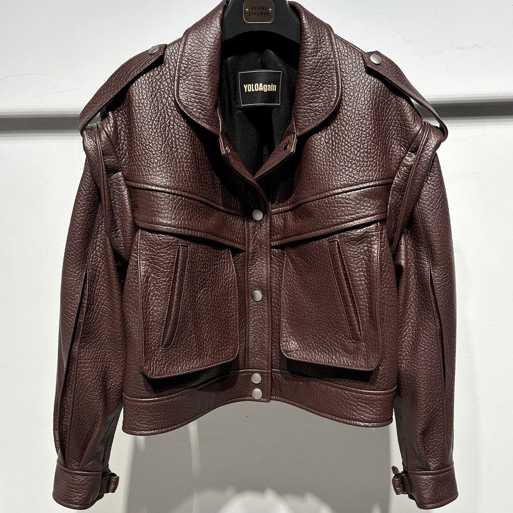 2025 Autumn Women's Genuine Sheepskin Burgundy Leather Jacket High Quality Full-Grained Leather Genuine Sheepskin