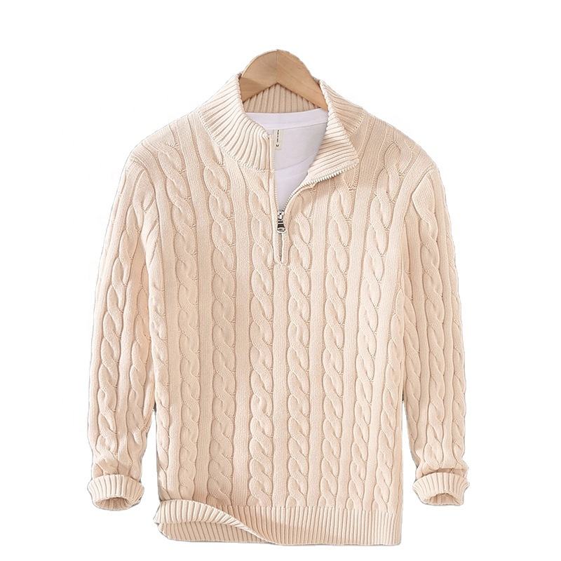 Men's 100% Cotton Pullover Sweater Mock Neck Half Zip Chunky Knit Long Sleeve Autumn Winter