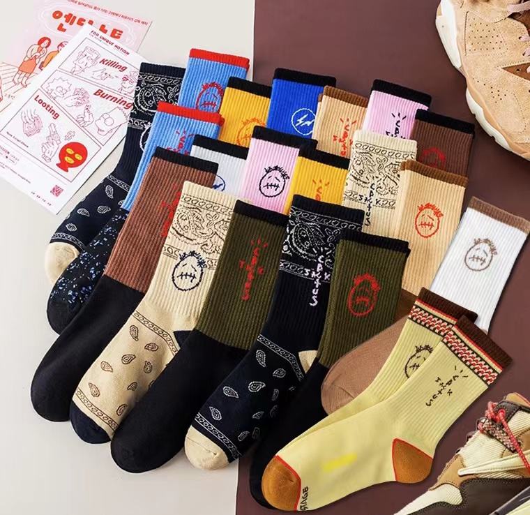 Wholesale Trending Grimace Band Cashew Floral Sneaker Socks Men and Women Hip-hop Street Crew Travis Socks Cactus Jack Socks