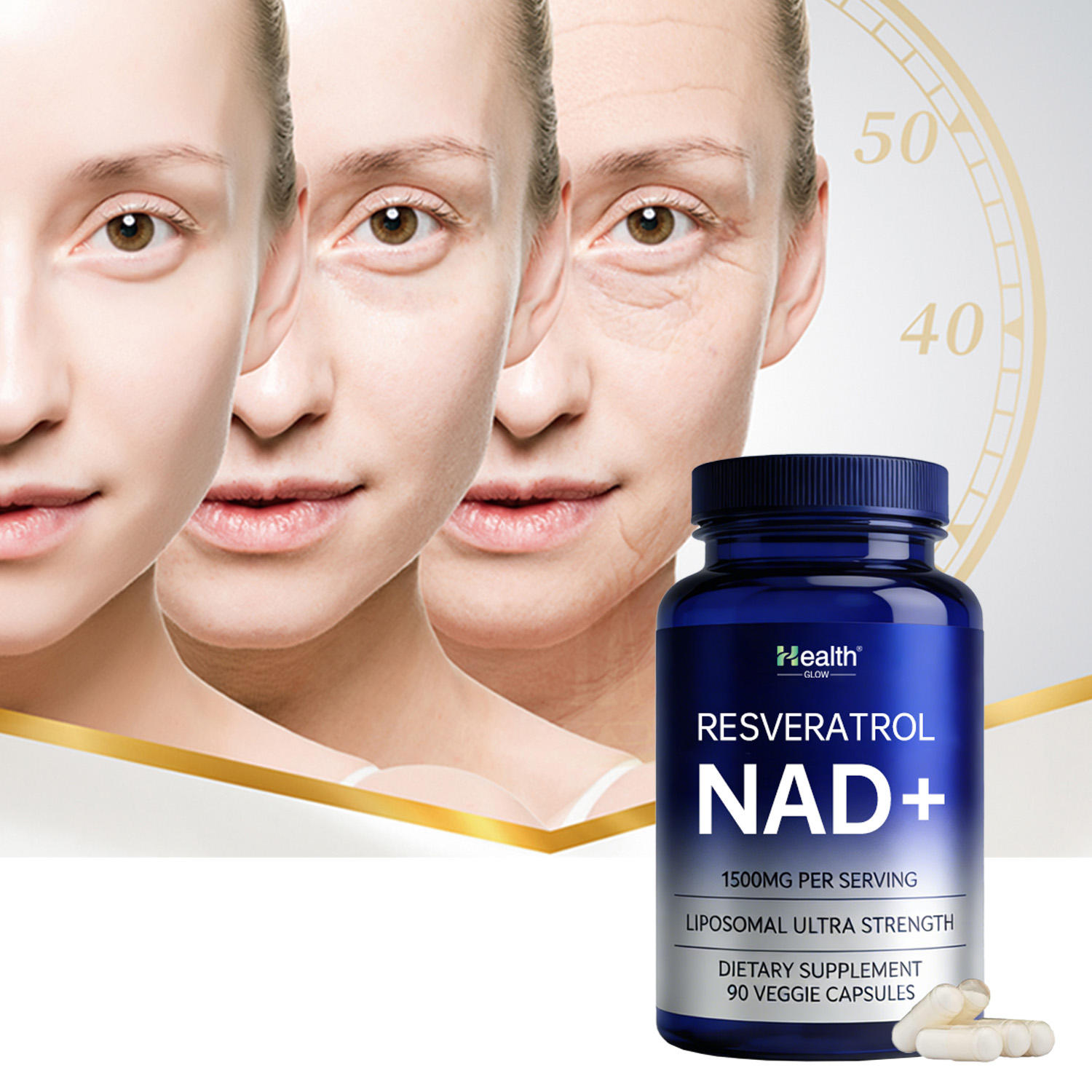Health Glow NAD+ Resveratrol Capsules Anti-Aging Antioxidant Beauty Supplement 90 Caps