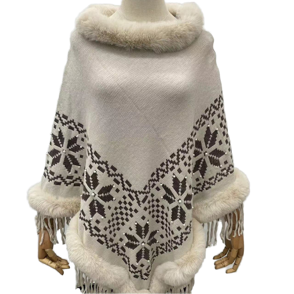 Women Knitted Poncho Shawl Faux Fur Ball Decoration Autumn Winter Warm Soft Cape