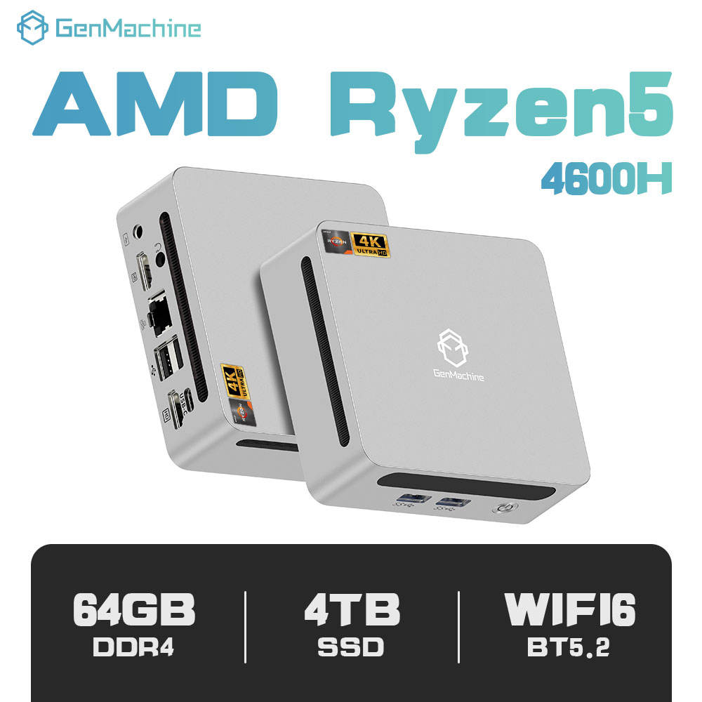 GenMachine AMD Ryzen 5 4600H Gaming Mini Computer 6 Core DDR4 SSD Mini PC Wifi 6 BT 5.2 Win11 3 Display