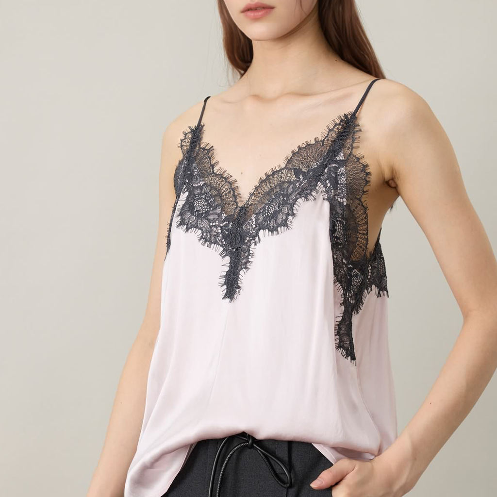 Women's Pink Satin Camisole with Black Lace Trim V Neck Spaghetti Strap Silk Feel Cami Top