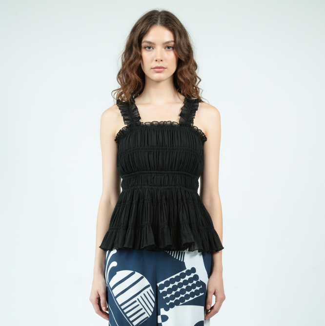 HB2510X71 Ladies Vintage Woven Tank Top 98% Polyester 2% Spandex Breathable Square Collar with Ruched Decoration