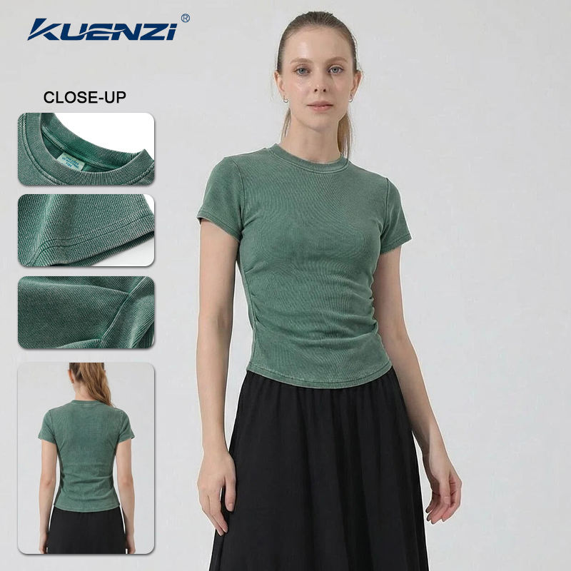 Kuenzi Washed Hot Girl 280GSM 96% Cotton 4% Spandex Short-sleeved T-shirt Women Stretch Tee