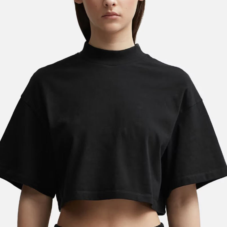 100% Cotton Plain Black Crop Top Femme Turtle Neck Dropped Shoulders Women Crop Top High Neck Short Tee