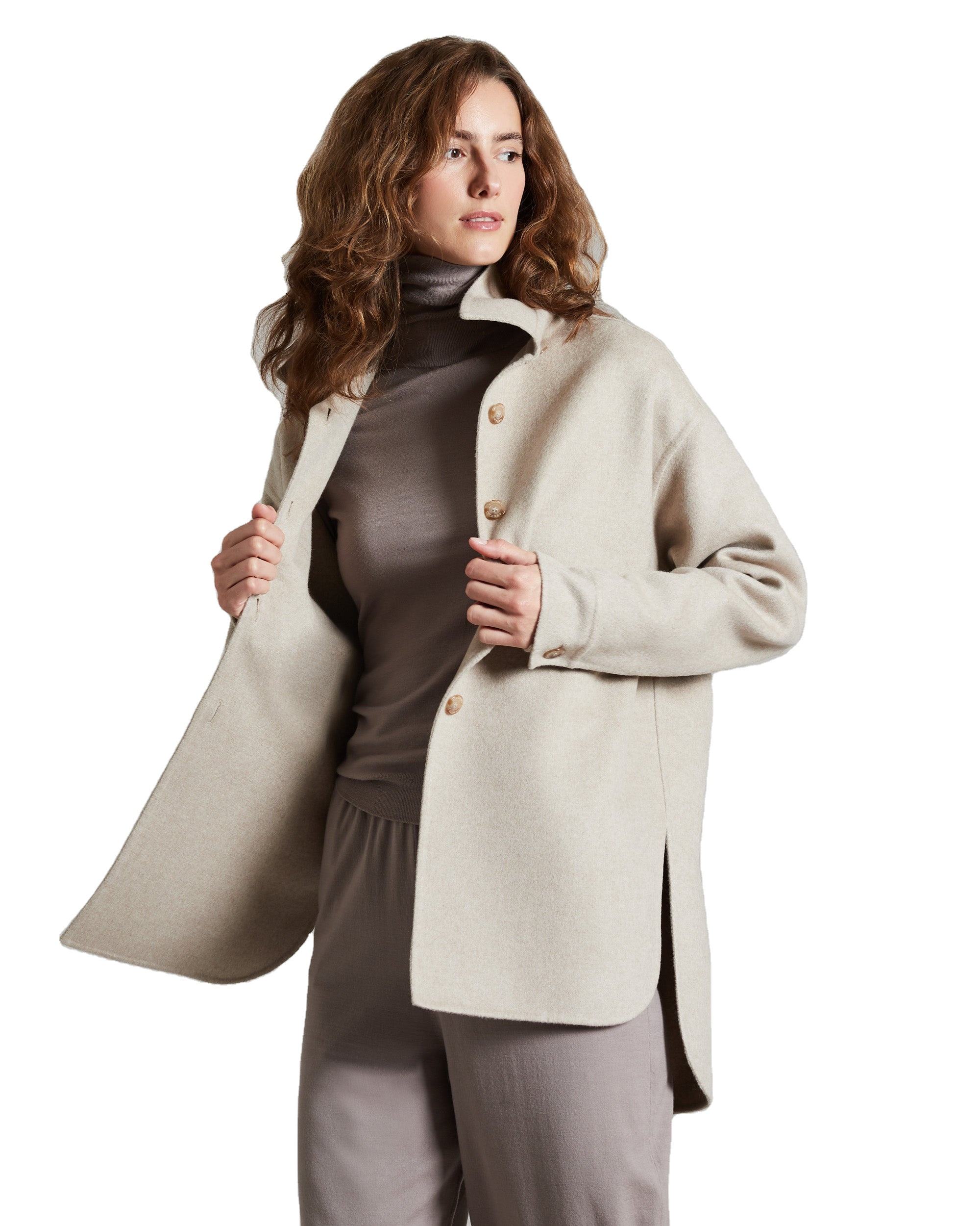 Women's wool blend mid-length windbreaker coat with laces