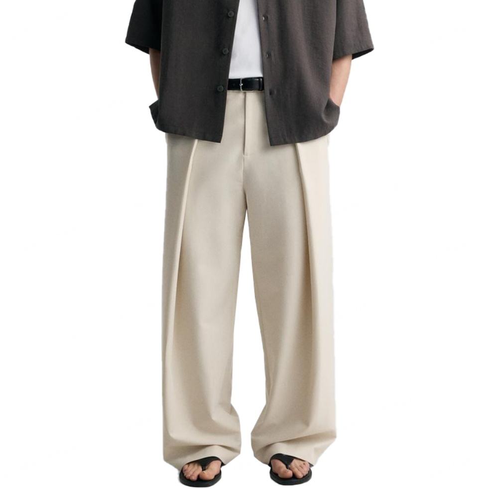 Men Cotton Elastic Waist Casual Pleated Wide Leg Pants