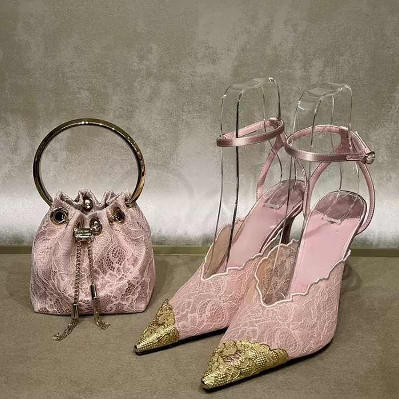 Women's Elegant Black Lace Stiletto Heels Pointed Toe Ankle Strap Metallic Cap Party Wedding Pumps