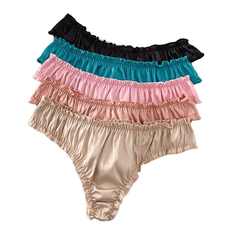 Pleated lace-trimmed thong women's low-waist sexy breathable nylon underwear