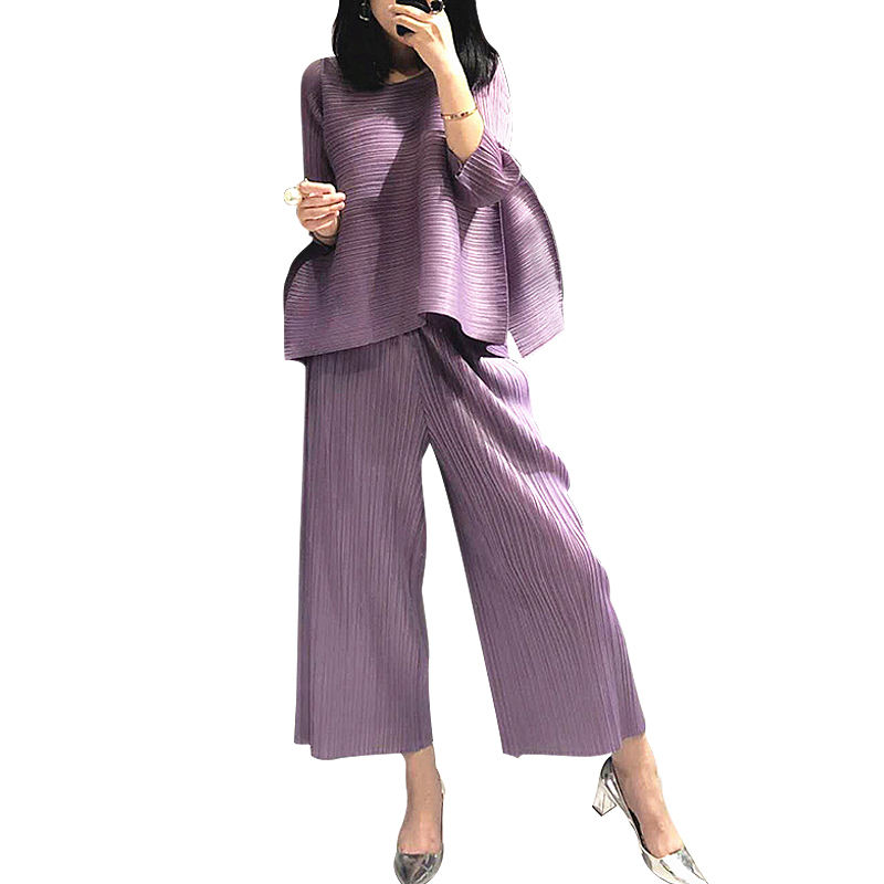 Miyake Pleated O-Neck Long Sleeve Top Wide Leg Pants 2 Piece Set Women