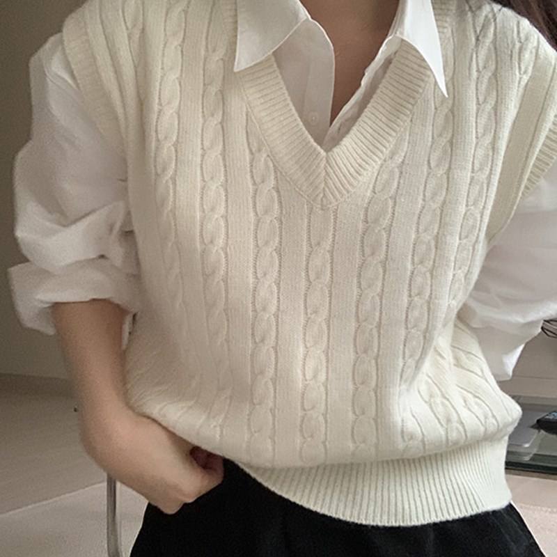 Women Korean V-Neck Knitted Sleeveless Sweater Vest Casual Loose Cable Knit Pullover