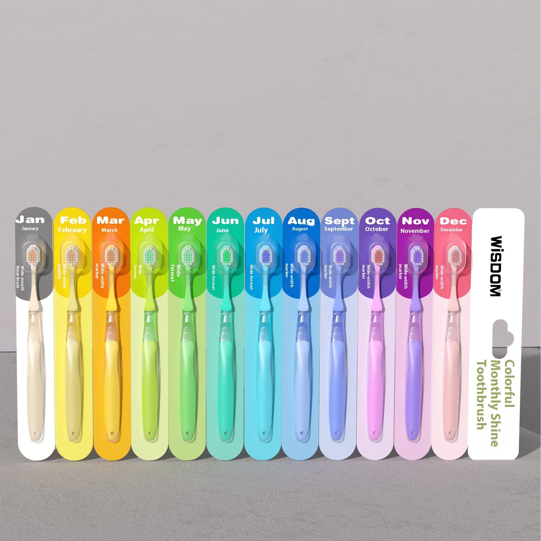 12-Pack Rainbow WISDOM Adult Regular Size Soft PBT Bristle Toothbrush Wide Hair-Comb Design Plastic Handle Separate Packaging