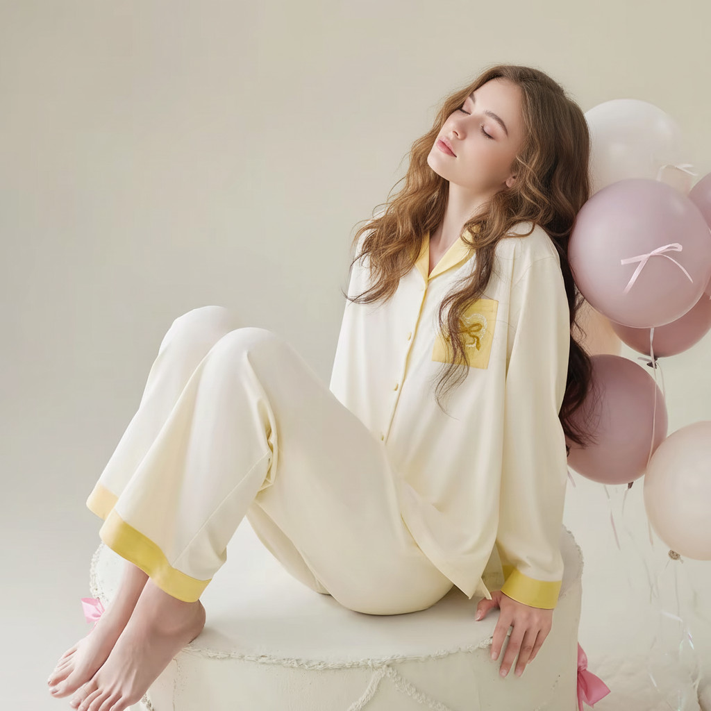 Women Cotton Bow Embroidery Lace Long Sleeve Pajama Set
