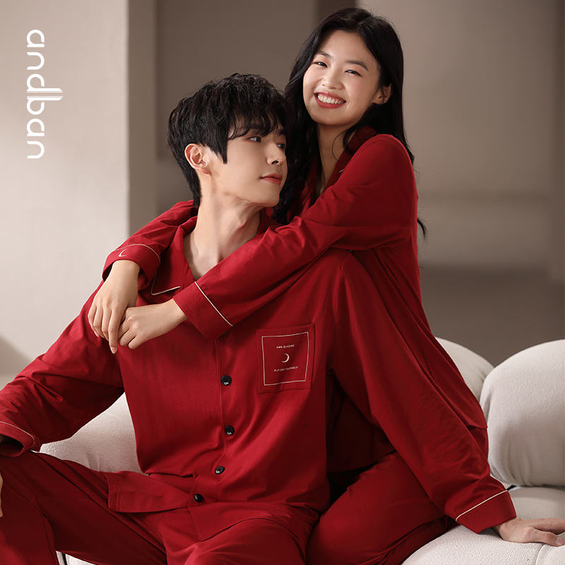 Couple Cotton Knitted Long Sleeve Pajama Set Spring Autumn