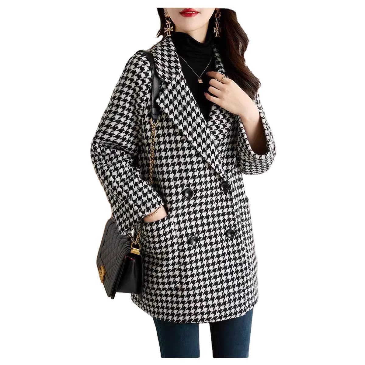 Women's Korean style houndstooth wool coat autumn and winter thick style