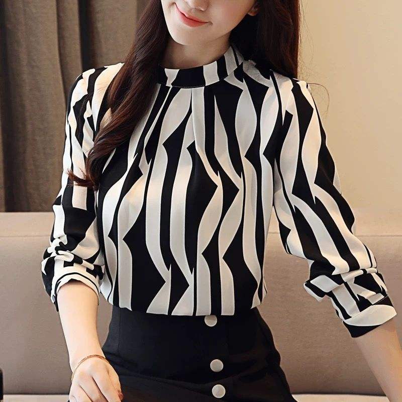 Women's Black White Striped Long Sleeve Chiffon Blouse