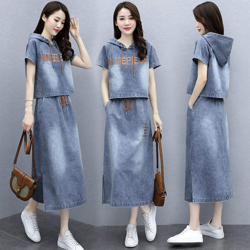 Women Letter Print Hoodie Top Pencil Skirt Denim Look Two-Piece Set