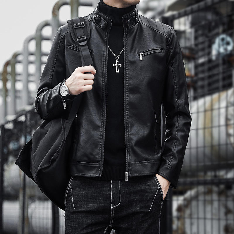 Men PU Leather Motorcycle Jacket Stand Collar Zip Up