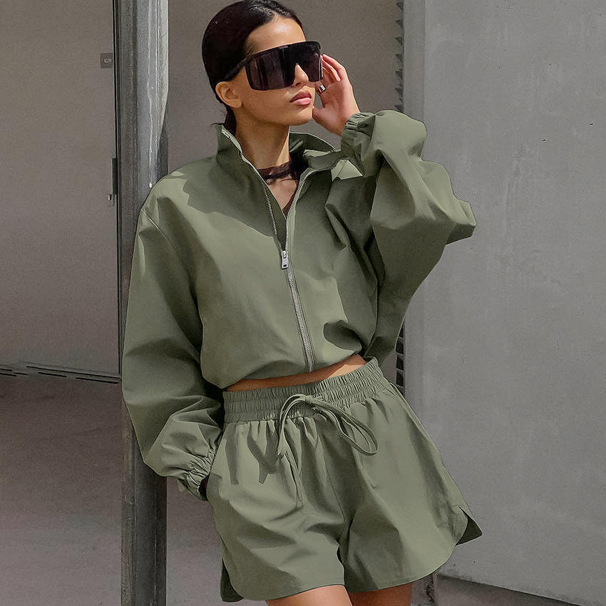 Women Autumn Stand Collar Sweatshirt Shorts Sport Two-Piece Set
