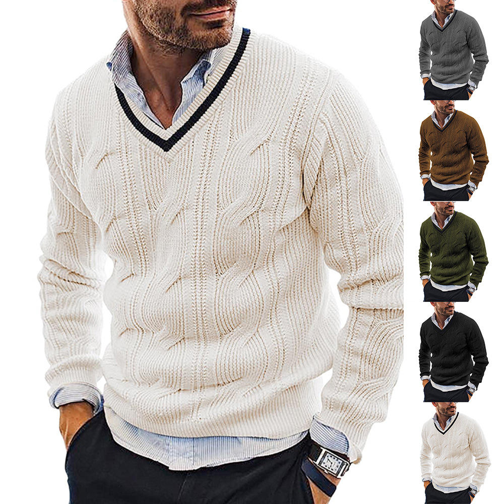 Men's Plain Color V-Neck Knitted Sweater